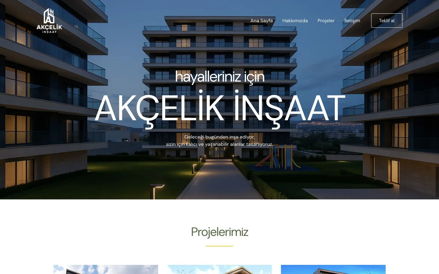 Akçelik İnşaat web sitesi ana ekranı