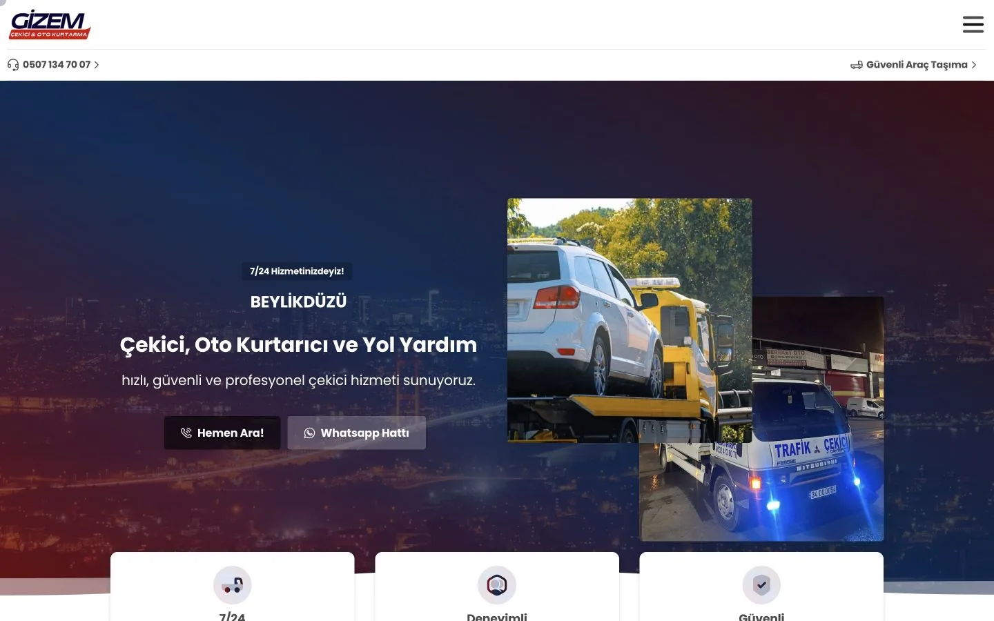 Gizem Oto Kurtarıcı web sitesi ana ekranı